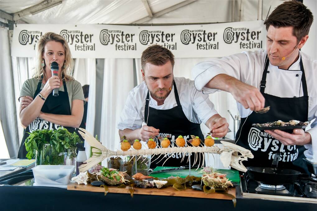 Chef and TV food stylist Kelly Eastwood will again host this year’s Narooma Oyster Festival cooking demonstrations with some of the country’s finest chefs. Seen here at the 2018 Festival with Evan and Wade Woolhouse of Wheeler’s Restaurant at Merimbula. 