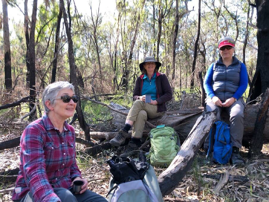 Bateman's Bay bushwalkers new member, Andrea Farnke, enjoying being out on the trails with Karen MacLatchy and Ros Marion.
