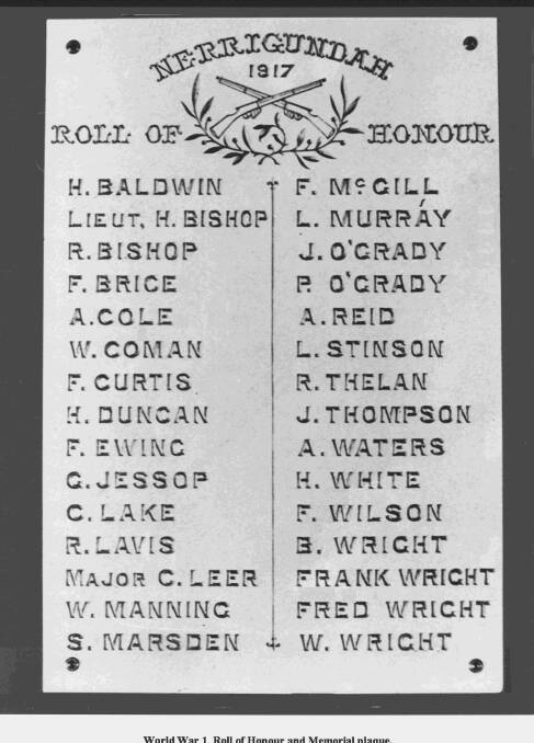Nerrigundah Honour Roll with Fred McGill name inscribed at the top of the second row.