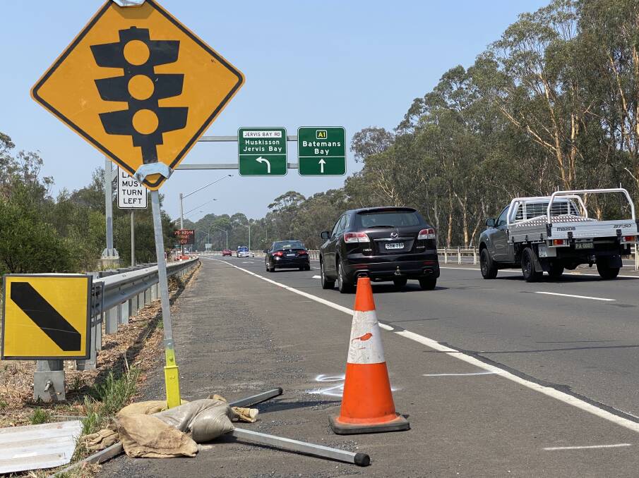 Traffic lights set up at the Princes Highway and Jervis Bay Road intersection.