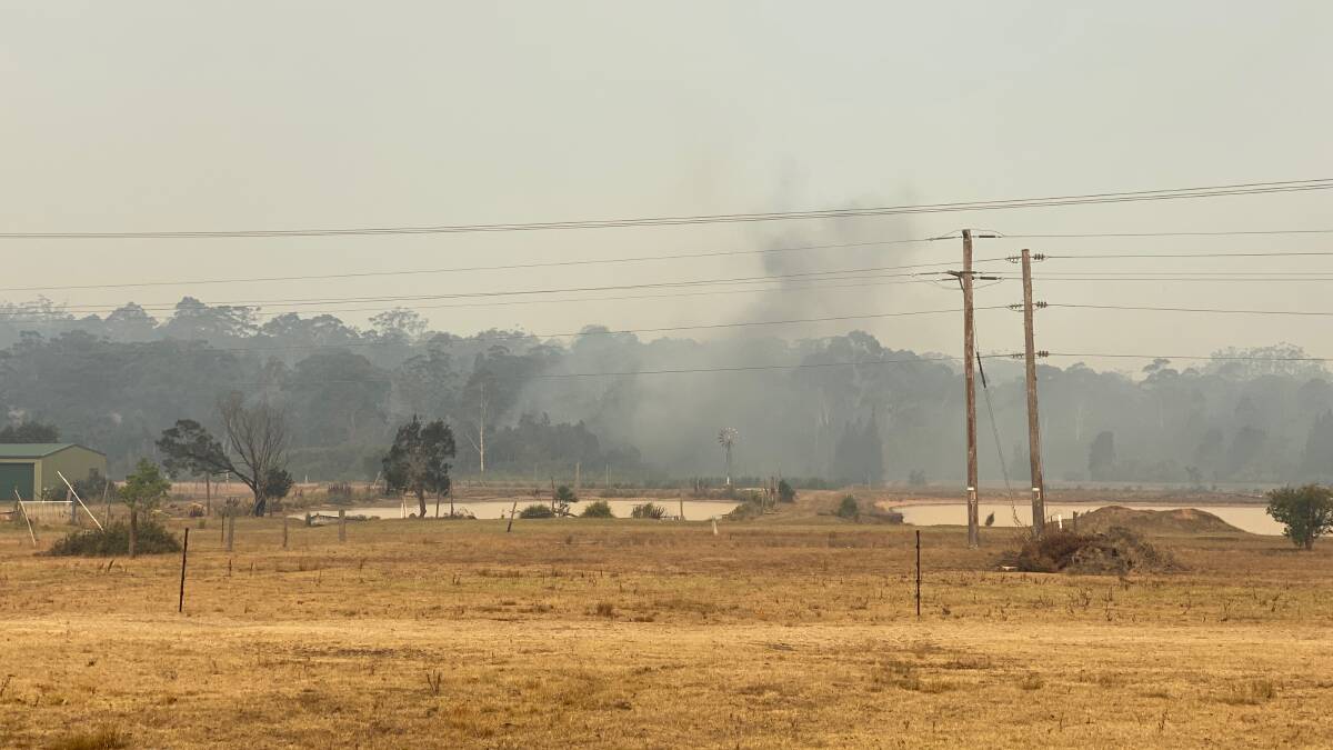 Fire activity increases near Comberton Grange Road and the Princes Highway. Picture: Stuart Thomson.