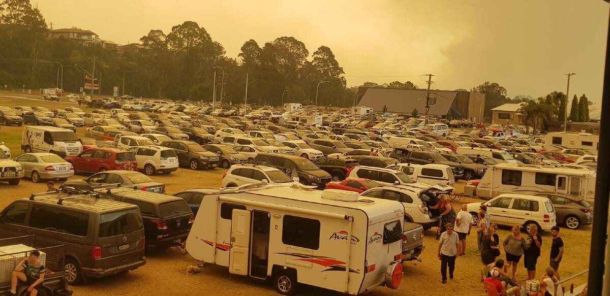 The evacuation point for Batemans Bay residents, the Hanging Rock Sports Club Function Centre, on Tuesday morning. Picture: Diana Streak