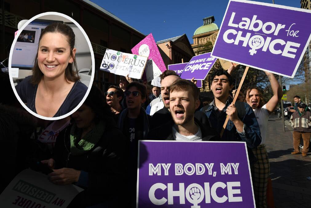 MY RIGHT: [Inset] Journalist Alex Crowe. [Main] Protesters take to the streets to lend their support to the motion to change NSW's abortion laws. 