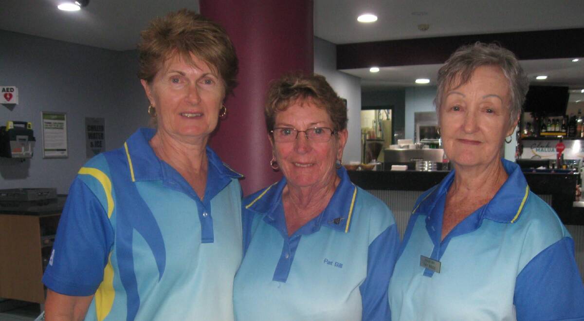 Malua Bay Women's Bowls: Karen Signor, Pat Bill and Gay Biggs.