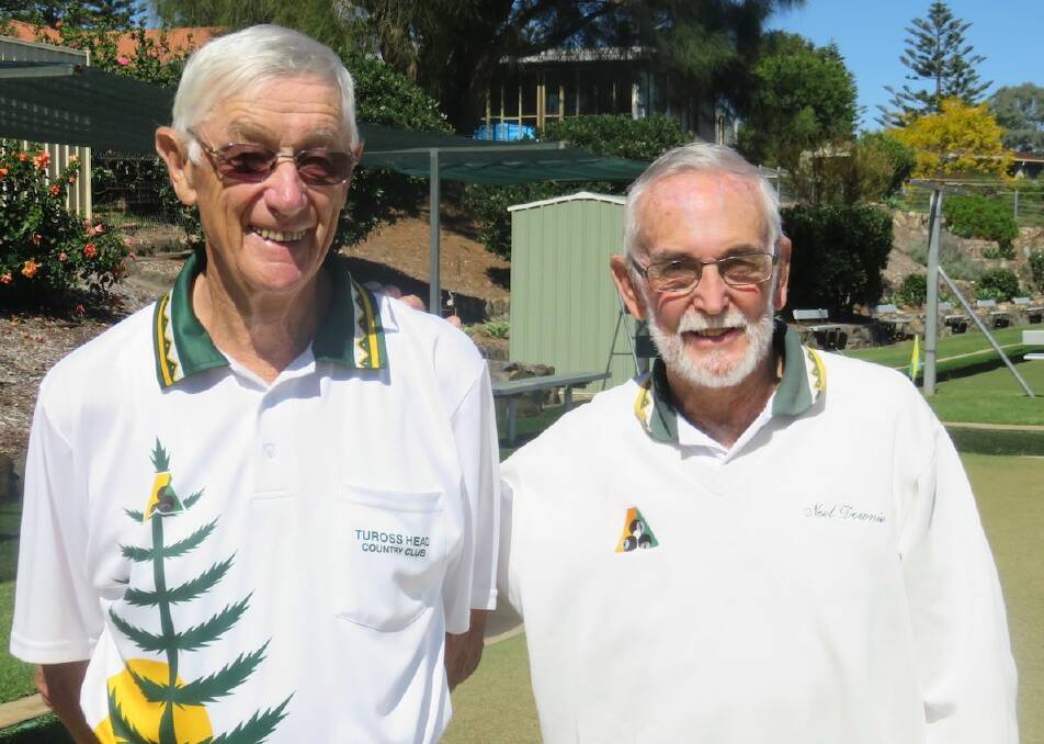Tuross Head bowls: John Monks and Noel Downie, after playing the singles final, have joined forces in the pairs.