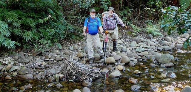 Welcome to our patch:  Bruce, visiting from a Sydney bushwalking club joins local member, Bob Thurbon in negotiating slippery rocks  in the creek bed.