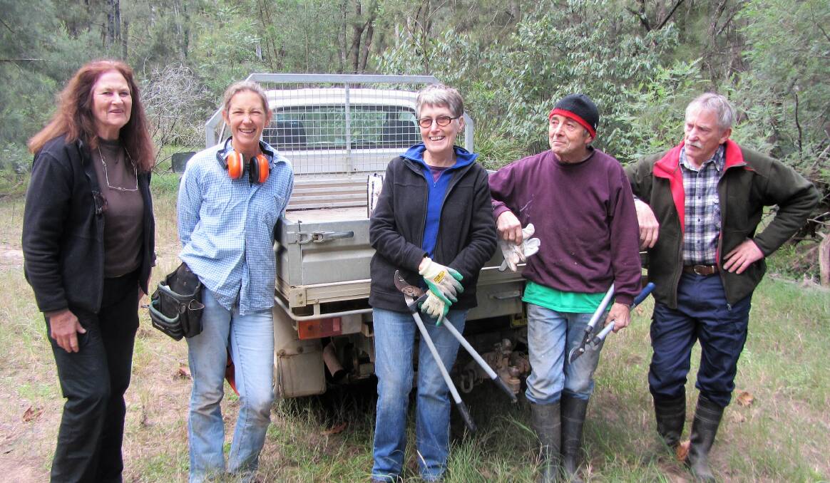 Caption: Deua Rivercarers Sally, Alison, Robyn, Alan and Mick clearing weeds back in 2014. All are still members of the Landcare group.