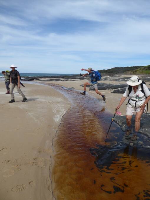 Water obstacle: The final stretch of the recent Don Moir Hill walk involved a "hop and jump" for Batemans Bay Bushwalkers.