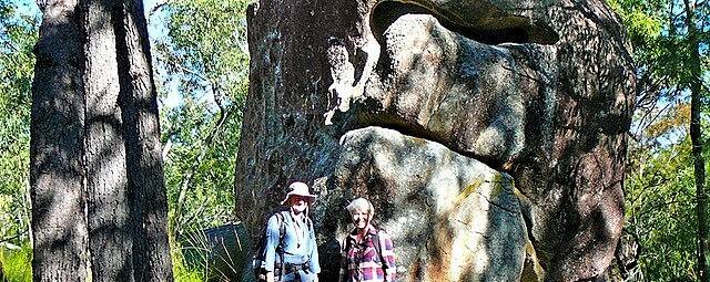 Monkey business: Batemans Bay bushwalkers Helen Ransom and Maggie Mayer in front of the locally “famous” Monkey Rock.