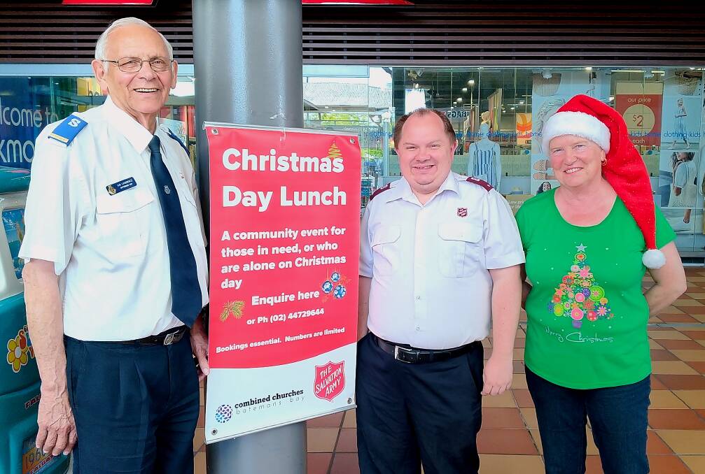 From left: Salvation Army Soldier Ian Lawrence, Batemans Bay Corps Officer Ben Knight with volunteer Trish Hawkins.
