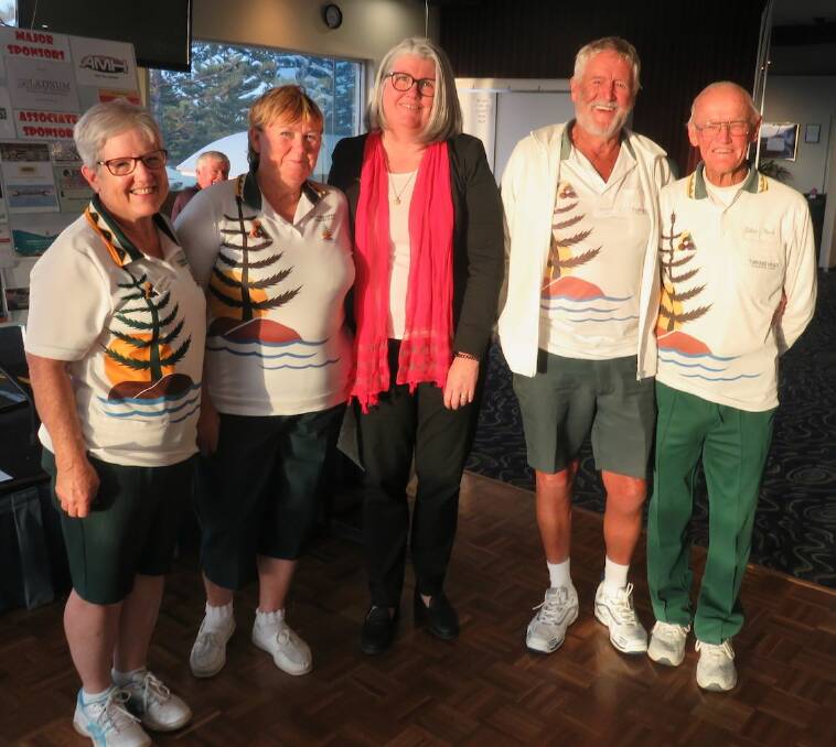Tuross Head: Medley Winners Marg Downey Chris Roxby, Jim Macklan and Stan Peck with Marlise Woodford from Hallmark Real Estate.
