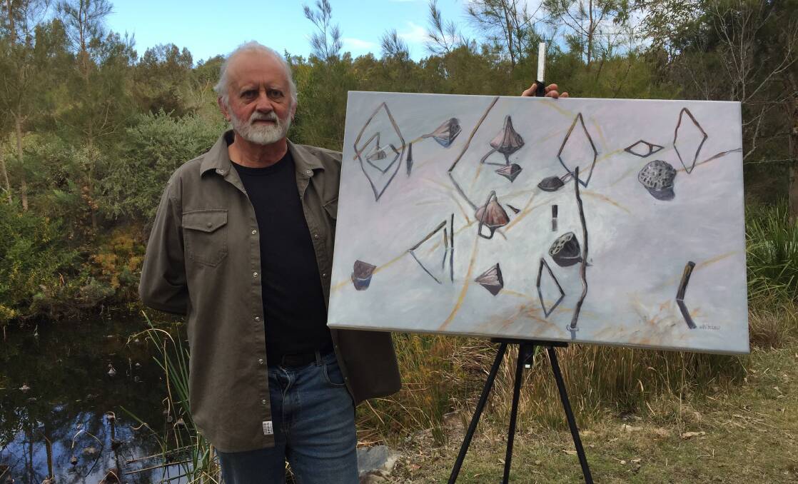 Pondering a pond: Stuart Whitelaw near his dam with Winter Geometry, pastels and charcoal on canvas.