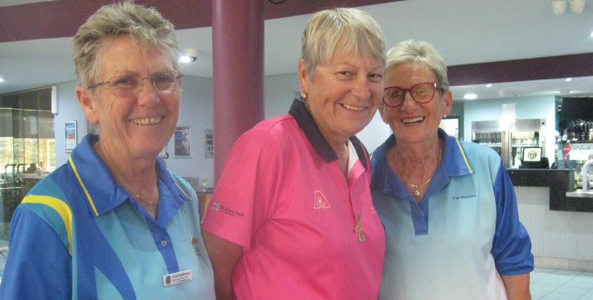 Malua Bay Women's Bowls: Weekend Pennant winners Carol Dutkiewicz, Robyn Butcher and Pat Weekes. 