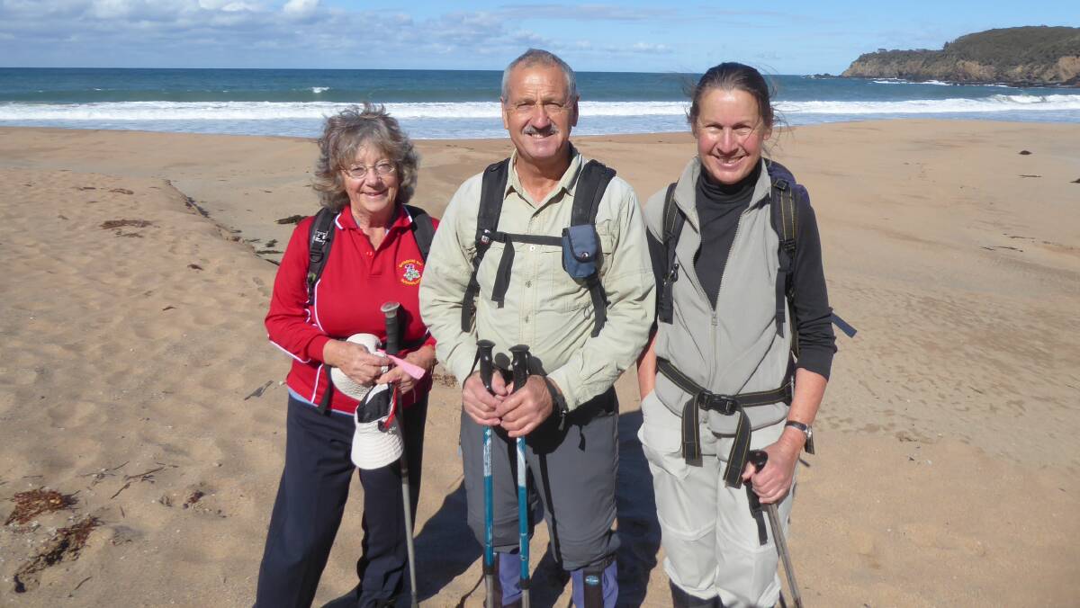Beach walk: Pat Retter, and Michael and Lynne Beby enjoying the sunshine and lunch break at Myrtle Beach. Visit www.baybushwalkers.org.au