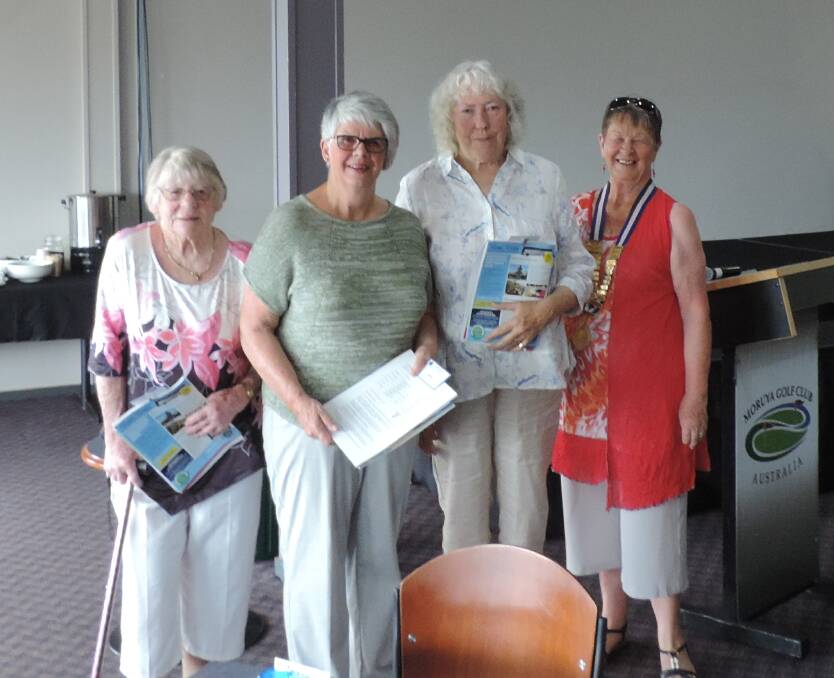 Moruya Probus president Di Montgomerie (far right) presented new members (left to right) Ruth Hardie, Roz Thewlis and Diana Honan with their badges.