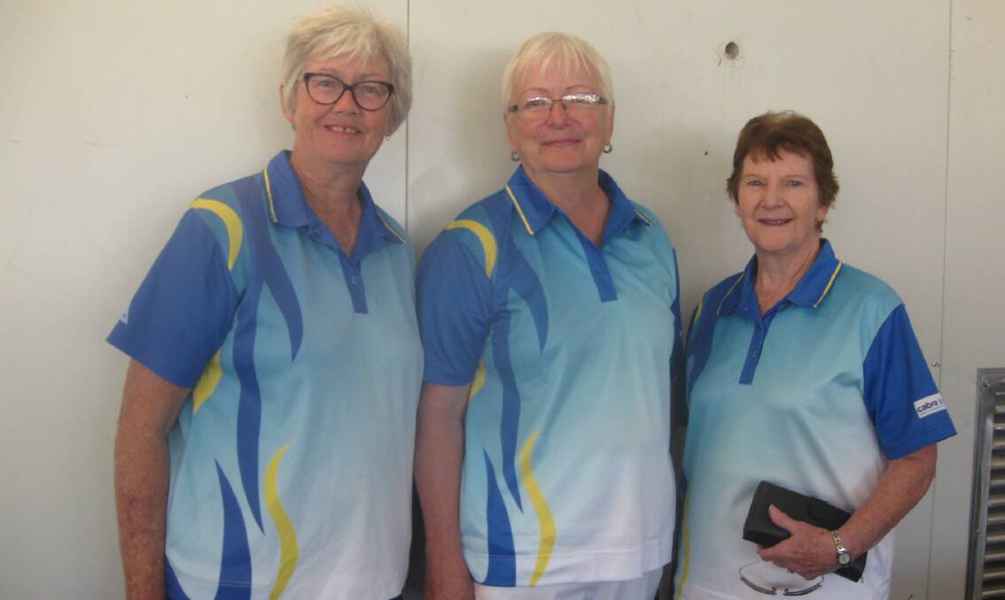 Malua Bay Women's Bowls: Cathy Egan, Connie Anderson and Carmel Price.