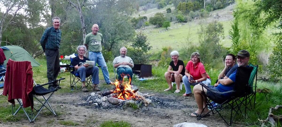 Relaxing around the campfire: Brian Mercer, Ian Barnes, Tom Samal, David Sledge, Maggie Mayer, Gay Samal, Donna Garten, Tony Hardy.