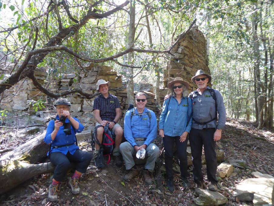 Mission accomplished: Bushwalkers happy to have made it to Billys Hut - Amanda Marsh, Mark Nash, Rob Lees, Karen Gilmour and Ed Gilmour.