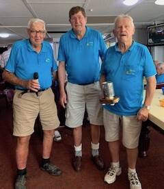 Tuross Head Vets Golf: Tim Starr presents the Phyllis Starr trophy to winners Neil Watson and Kevin Dukes