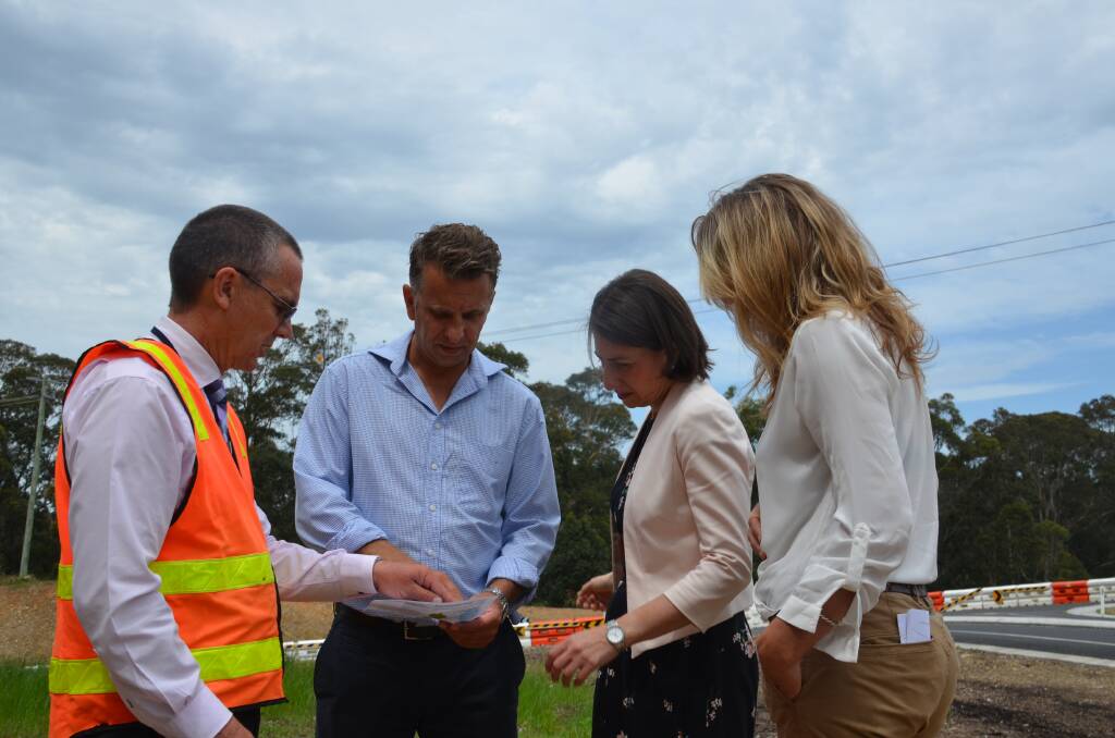Eurobodalla Shire Council infrastructure director Warren Sharpe, Bega MP Andrew Constance, NSW Premier Gladys Berejiklian and Mayor Liz Innes at the announcement of $30 million for the Link Road in January.