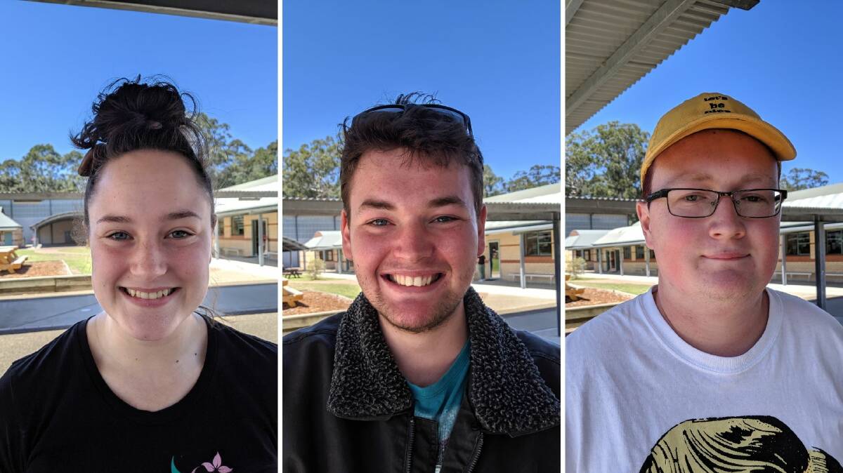 BEGINNING OF THE END: Alysa Yiannaros, Adam Zutt and Caeden Devane, of Broulee's Carroll College, looking forward to the end of exams.