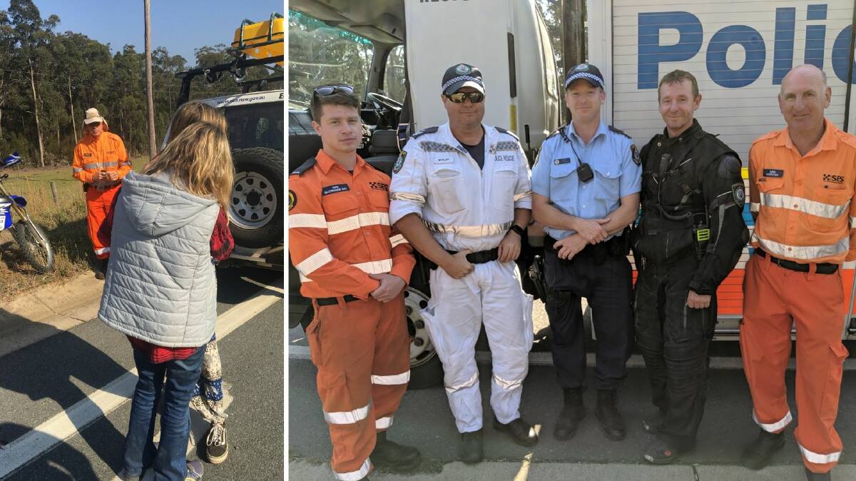 Emily and mother Shirley Murphy reunited; Batemans Bay SES deputy unit commander Chris Chapman, NSW Police Rescue officer Richard Walsh, Sgt Troy Heane, search coordinator Sen Const John Maggs and Moruya SES unit commander Chris Zammit. Rural Fire Service volunteers were also at the scene.