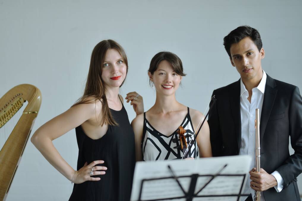 Melbourne's Chrysalis Trio features Melina van Leeuwen on harp, Katie Yap on viola and Kiran Phatak on flute. Picture: Darren James Photography. 