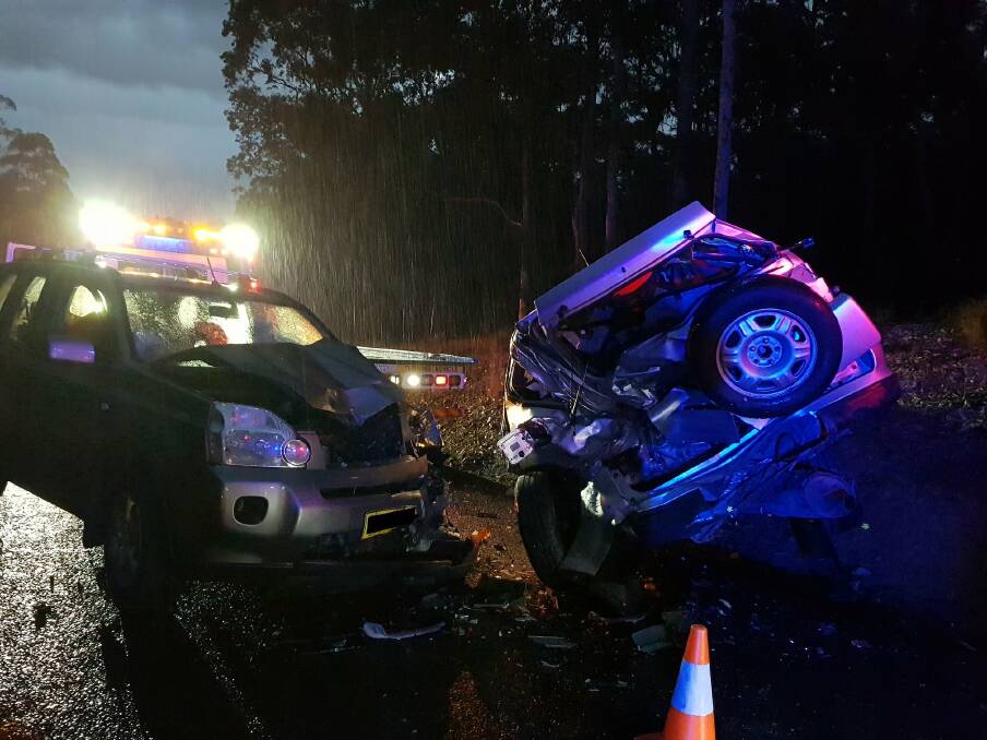 Dunns Creek Road has been subject to several crashes including this June 2018 crash where three people were injured, including a five-year-old. Picture: Batemans Bay Fire and Rescue.