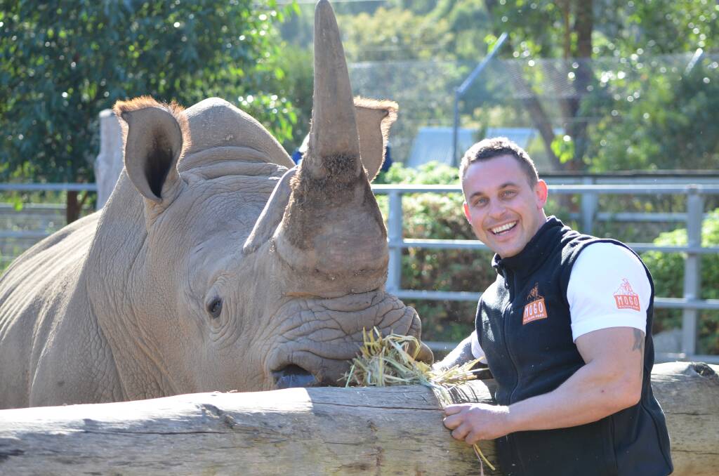 Mogo Wildlife Park director Chad Staples with Kai the rhino.