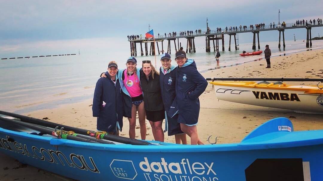 WORLD CHAMPIONS: Claire Forbes (left) with Annie McAppion, Jaymi Matthews, Jackie Jones and Teresa Comacchio at Rescue 2018 lifesaving world championships in Adelaide. The team, the Broulee Capitals, just won gold in the 120 female masters. 