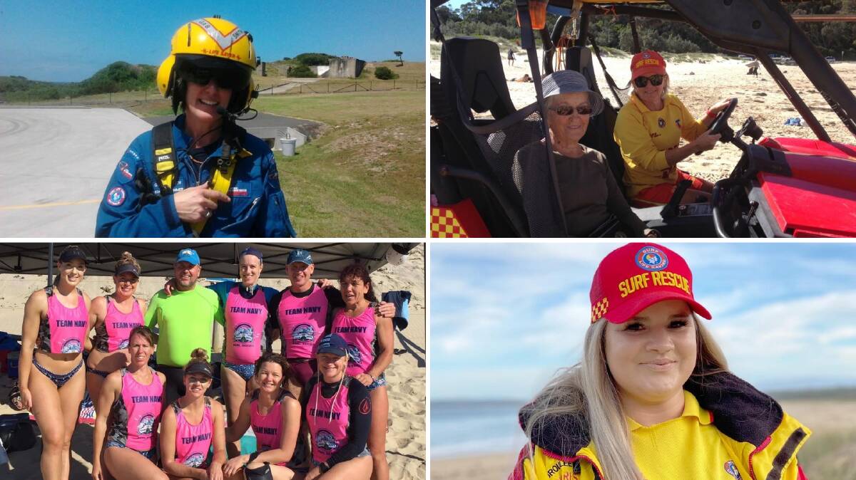 Broulee Surfers Surf Life Saving Club has paid tribute to female members on its 40th anniversary of women in surf life saving. (Clockwise) Gabriel Smith, Kerry Evans with her mother, Natalie Browning and Claire Forbes with her Broulee team.