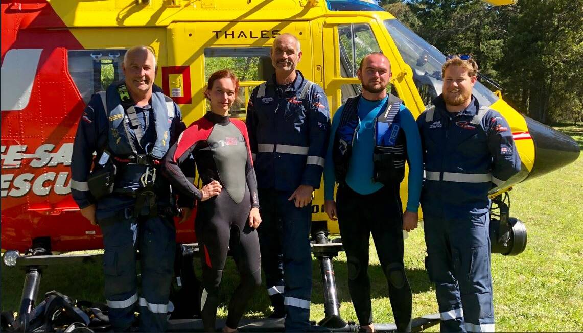 Lifesaver 23 crew with the Polish canyoners after the rescue. Photo credit: Westpac Lifesaver.