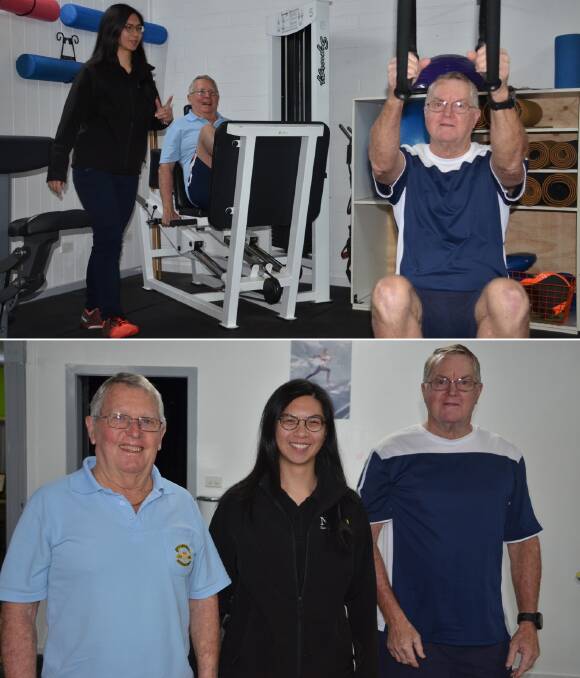 GET STARTED: Tony Herbert, 77, served in the Navy in Vietnam and Russ Graham, 68, served in the Army. Belinda Lee, exercise physiologist, works with the men on a weekly basis to maintain fitness and mental health.