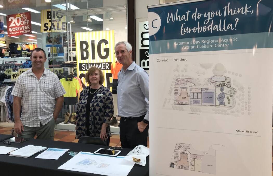 Eurobodalla Shire Council’s Planning and Sustainability Director Lindsay Usher, General Manager Catherine Dale and Mackay Park Project Coordinator Stephen Phipps manned Saturday’s kiosk in Batemans Bay’s Village Centre.