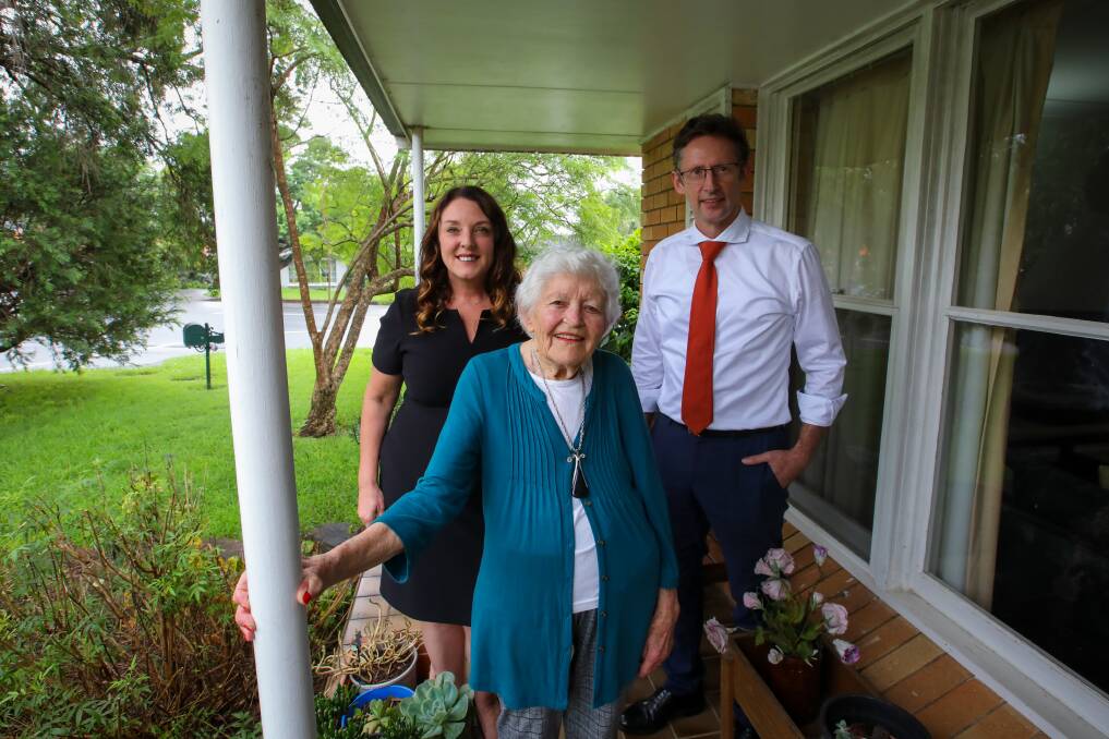 Advocate for the elderly, Valma Fell with Labor candidate for Cunningham Allison Byrnes and Member for Whitlam Stephen Jones. Picture: Wesley Lonergan.