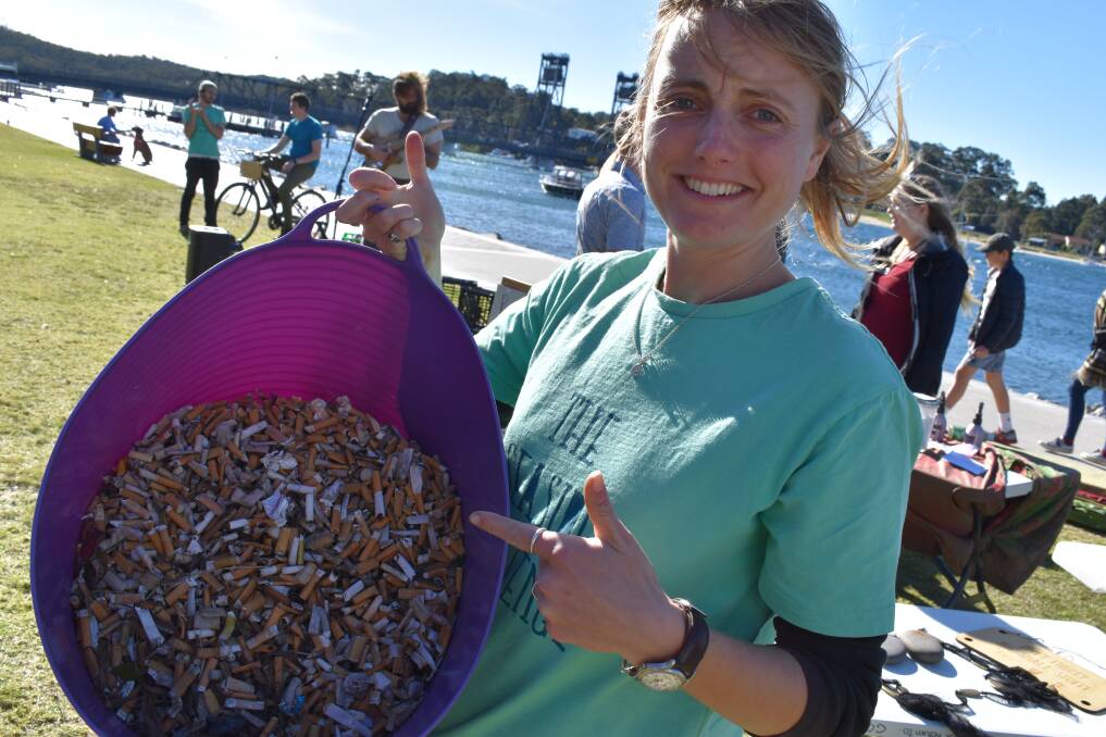Anna Jane Linke, CEO and founder of Seaside Scavenge with butts found in the streets of Batemans Bay.