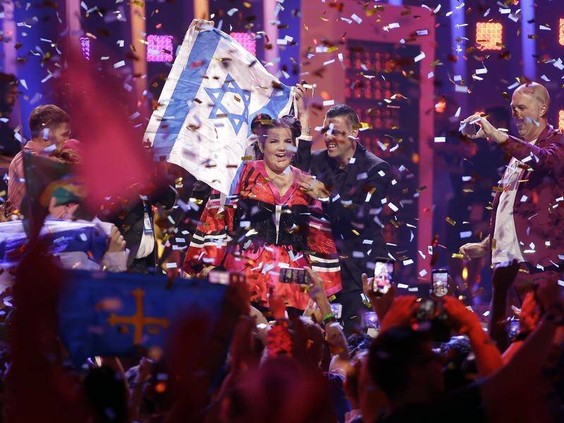 Netta Barzilai from Israel celebrates after winning the Eurovision song contest in Lisbon, Portugal.