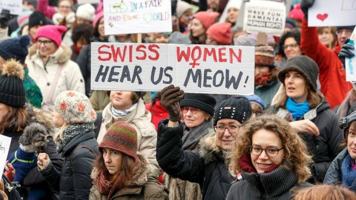 In Switzerland women rallied in Geneva, Switzerland in support of the Washington protest. Photo: SALVATORE DI NOLFI