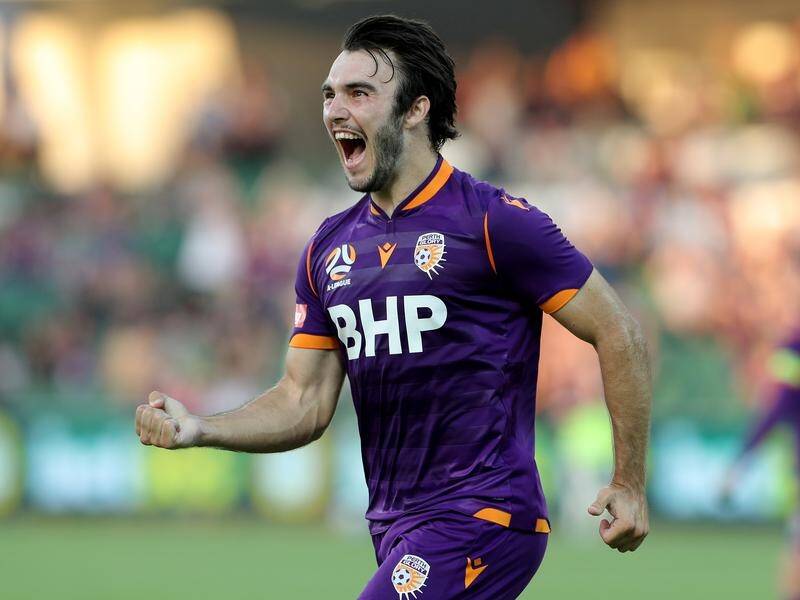 Glory's Nick D'Agostino celebrates one of his two goals in the 5-3 A-League win over Adelaide.
