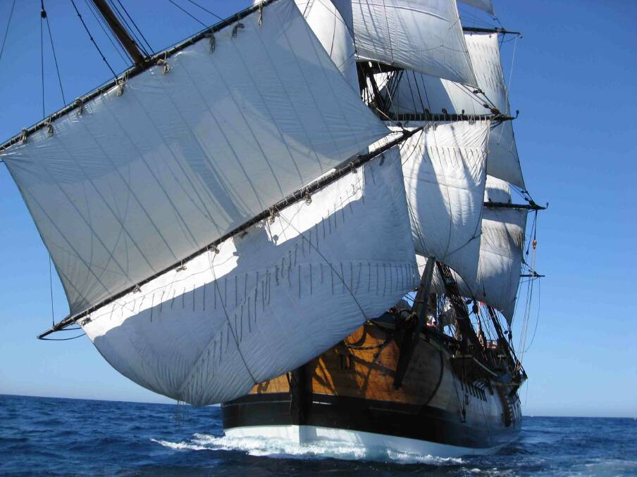 A replica of the Endeavour, which Captain James Cook sailed up the east coast of Australia 250 years ago, naming a landmark for his second-in-command Zachary Hicks.