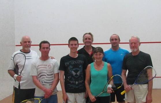 GRAND FINAL: Boasts’ and Drop Shots’ players Rod Gray, Aaron Dunne, Zach Hurley, Ted Freeman, Cheryl Wallace, Mick Scorer and Peter Ridell at the Batemans Bay Squash Complex. 