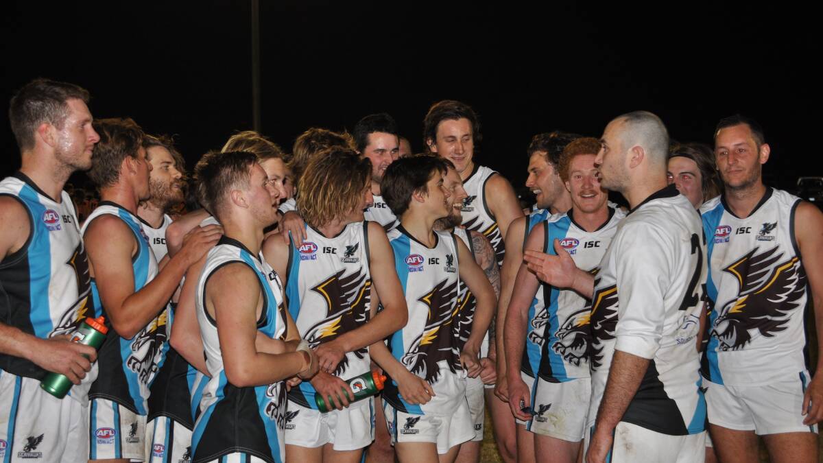 Seahawks' captain/coach Mick Kenny addresses his troops after their eight-point victory over the Molonglo Juggernauts.