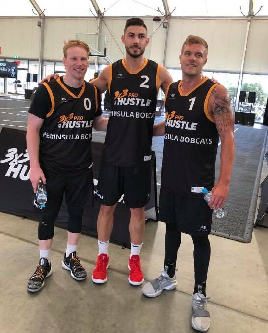 Batemans Bay's Darcy Harding (middle) with Lucas Barker and Robert Linton at the 3x3 Pro Hustle event in Melbourne. Photo: Carolyn Harding.