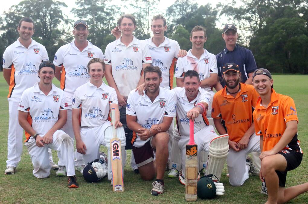 WINNERS: The Batemans Bay Cricket Club celebrate after their victory over North Nowra. It marked the maiden first grade victory for a number of the Bay players. Photo: Cathy Russell.
