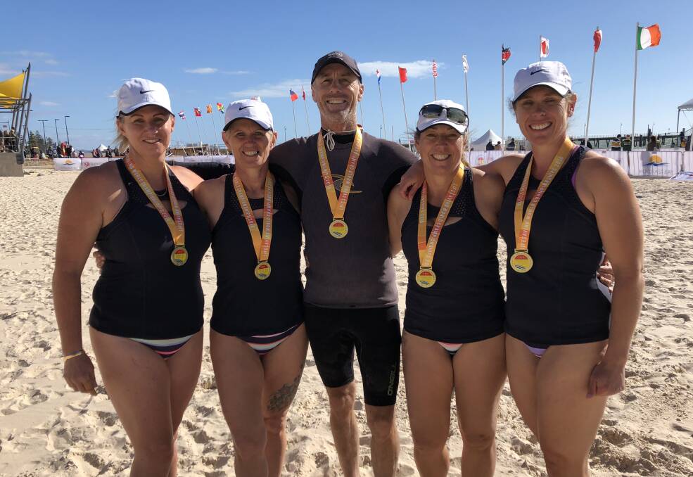 CHAMPIONS: Danielle Heron, Barb Van Luin, Neil Innes, Tracy Innes, and Megan Douros won the Ladies 180+ division at the World Lifesaving Championships in Adelaide. Photo: supplied.