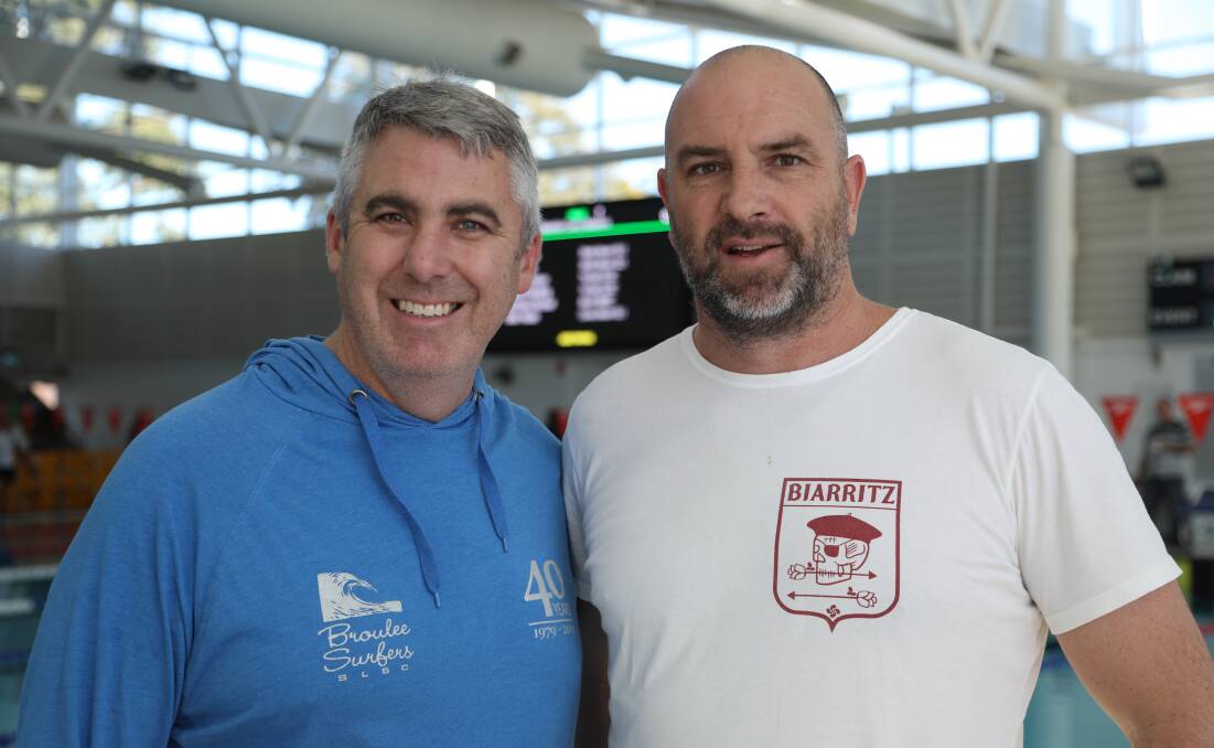 Broulee Surf Club members Steve Corcoran and Todd Heywood at the Surf Life Saving NSW Pool Rescue Championships.