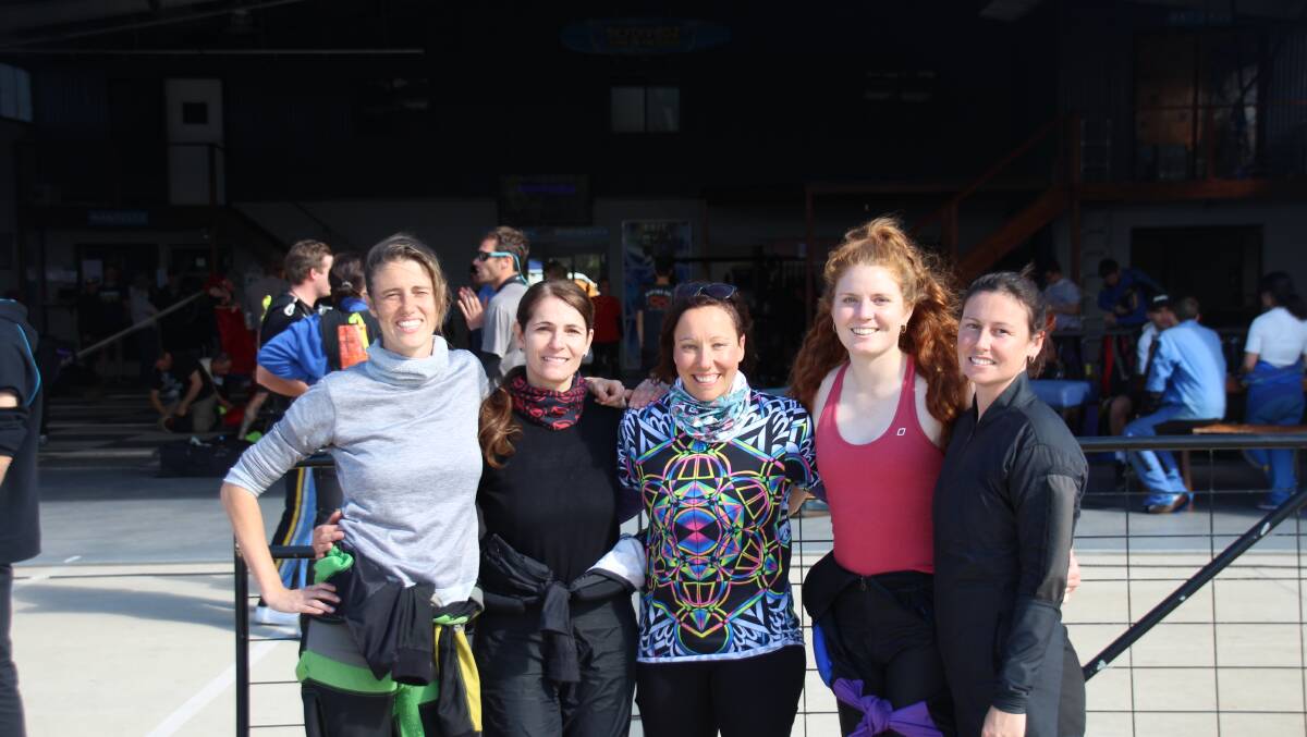 Kim Defosse, Helen Moutzouras, Ebbony Bradford, Danielle Goodwin, and Bindi Watson competed together for the first time at the NSW/ACT State Skydiving Championships.