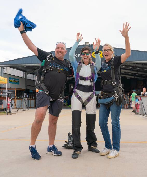Paul Smith, Shana Harris, and Eurobodalla Shire mayor Liz Innes after her skydive to open the 2019 Australia and New Zealand Skydiving Championships. Photo: Steve Fitchett.
