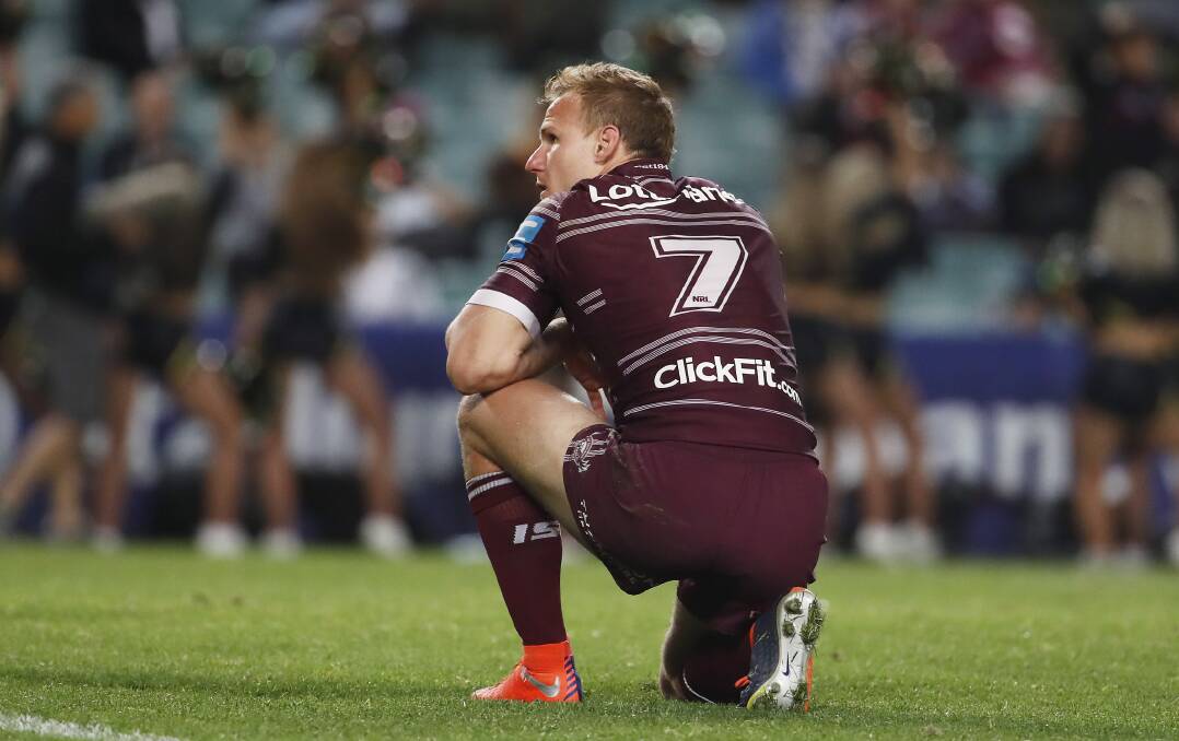 Daly Cherry-Evans of the Sea Eagles reacts after losing the NRL qualifying final match between the Manly Warringah Sea Eagles and the Penrith Panthers at Allianz Stadium in Sydney, Saturday, September 9, 2017. (AAP Image/Daniel Munoz)