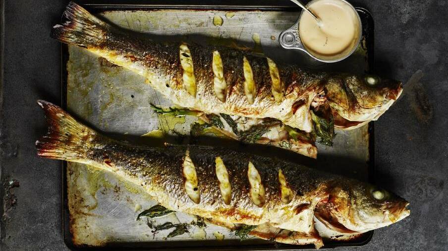  Barbecued whole sea bass with fennel mayonnaise. Picture: James Murphy